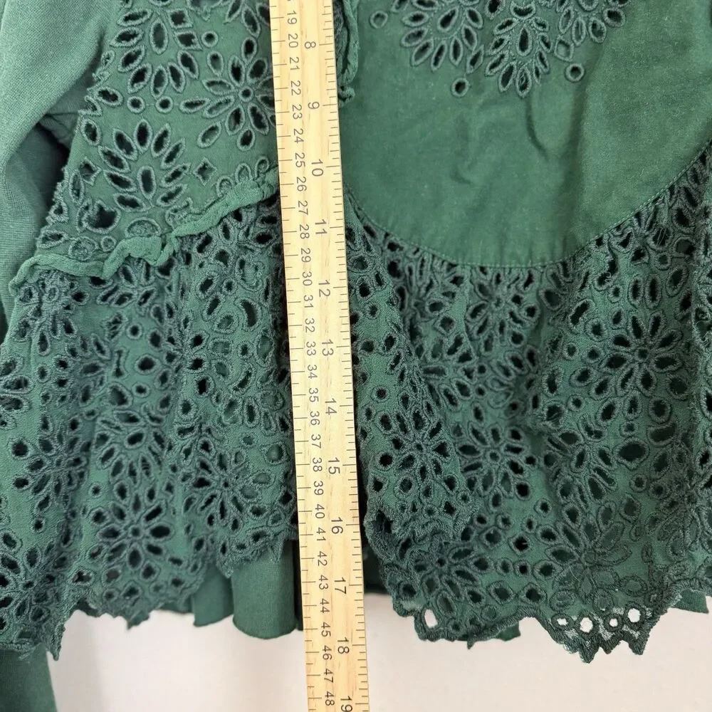 Free People Eyelet Crop Top Brittany Embroidered Sz Medium Green Long Sleeves